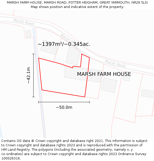 MARSH FARM HOUSE, MARSH ROAD, POTTER HEIGHAM, GREAT YARMOUTH, NR29 5LN: Plot and title map