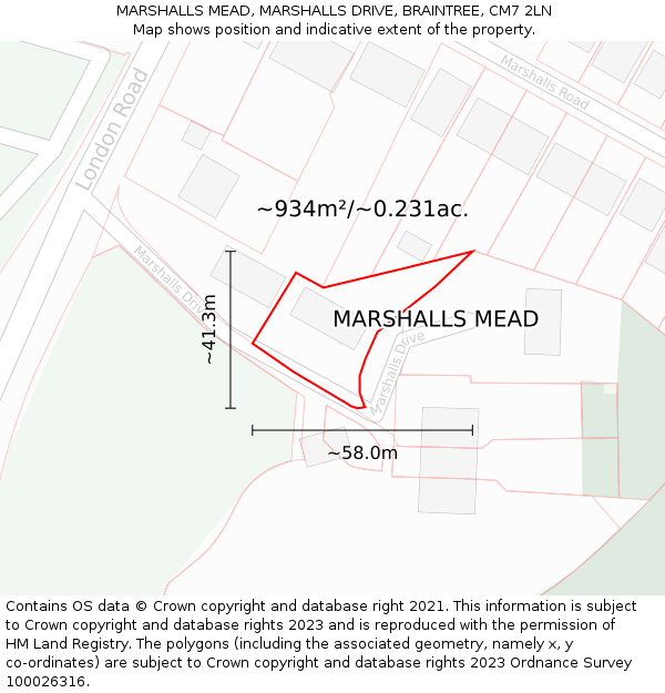 MARSHALLS MEAD, MARSHALLS DRIVE, BRAINTREE, CM7 2LN: Plot and title map