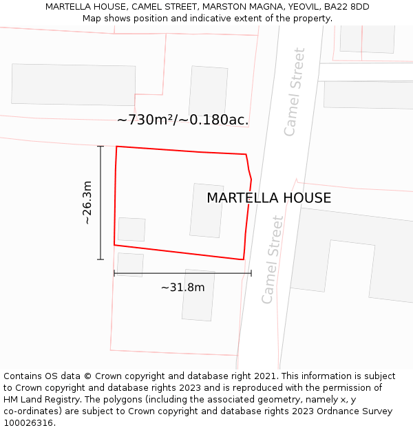 MARTELLA HOUSE, CAMEL STREET, MARSTON MAGNA, YEOVIL, BA22 8DD: Plot and title map