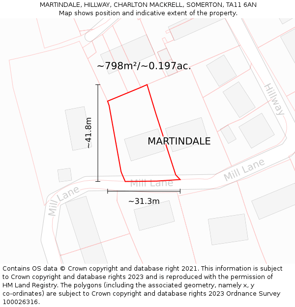 MARTINDALE, HILLWAY, CHARLTON MACKRELL, SOMERTON, TA11 6AN: Plot and title map