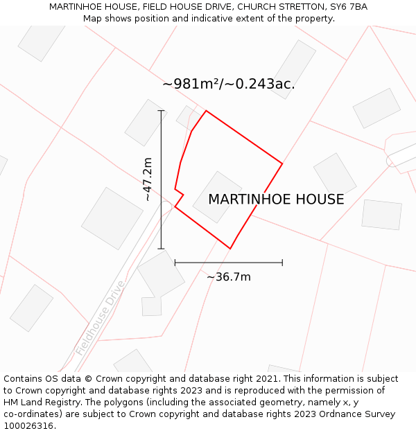 MARTINHOE HOUSE, FIELD HOUSE DRIVE, CHURCH STRETTON, SY6 7BA: Plot and title map