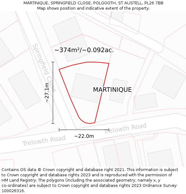 MARTINIQUE, SPRINGFIELD CLOSE, POLGOOTH, ST AUSTELL, PL26 7BB: Plot and title map