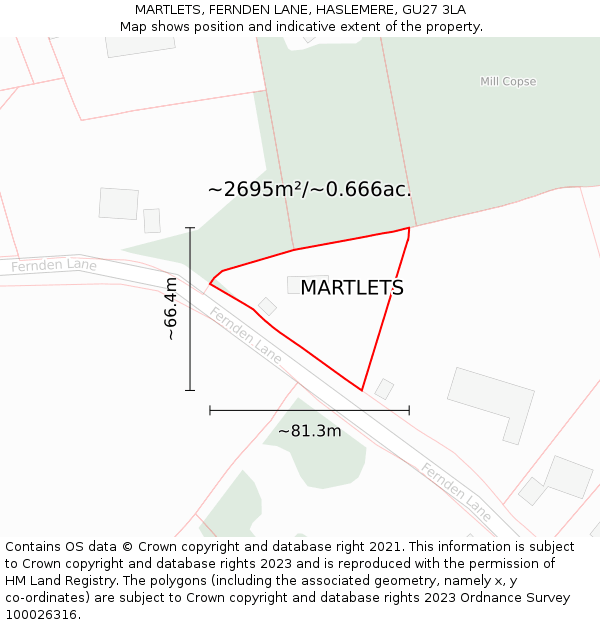 MARTLETS, FERNDEN LANE, HASLEMERE, GU27 3LA: Plot and title map