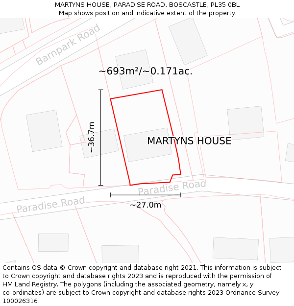MARTYNS HOUSE, PARADISE ROAD, BOSCASTLE, PL35 0BL: Plot and title map