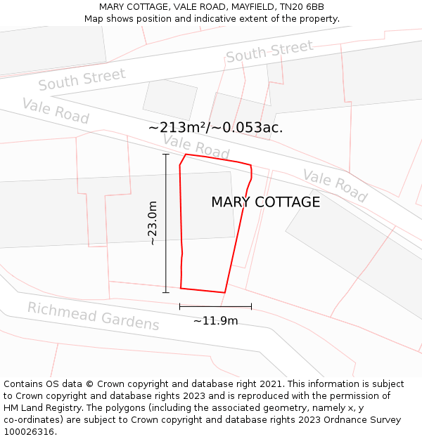 MARY COTTAGE, VALE ROAD, MAYFIELD, TN20 6BB: Plot and title map