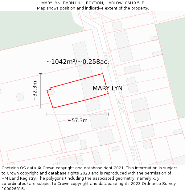 MARY LYN, BARN HILL, ROYDON, HARLOW, CM19 5LB: Plot and title map