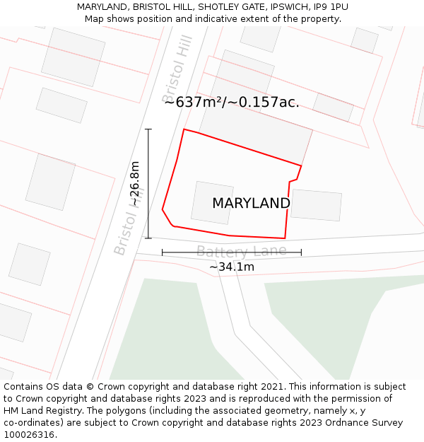 MARYLAND, BRISTOL HILL, SHOTLEY GATE, IPSWICH, IP9 1PU: Plot and title map