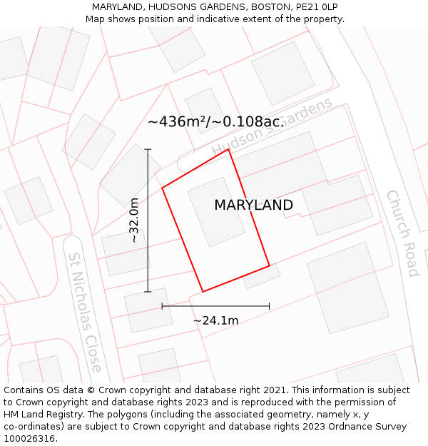 MARYLAND, HUDSONS GARDENS, BOSTON, PE21 0LP: Plot and title map