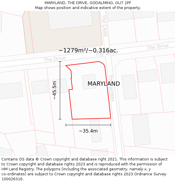 MARYLAND, THE DRIVE, GODALMING, GU7 1PF: Plot and title map