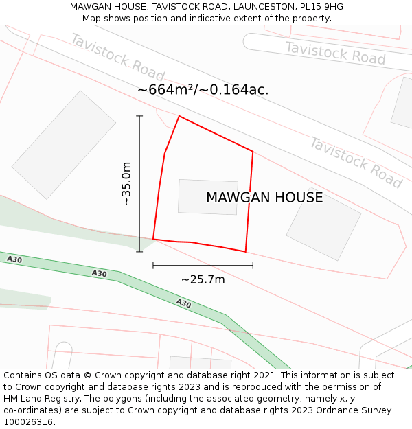 MAWGAN HOUSE, TAVISTOCK ROAD, LAUNCESTON, PL15 9HG: Plot and title map