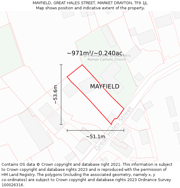 MAYFIELD, GREAT HALES STREET, MARKET DRAYTON, TF9 1JL: Plot and title map