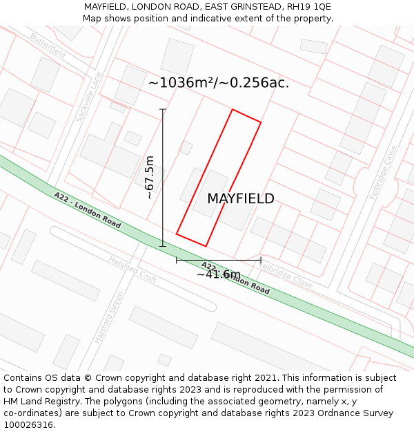 MAYFIELD, LONDON ROAD, EAST GRINSTEAD, RH19 1QE: Plot and title map