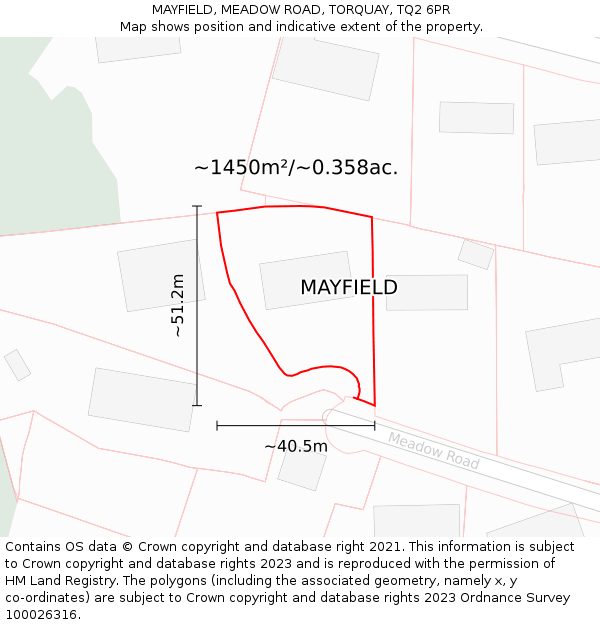 MAYFIELD, MEADOW ROAD, TORQUAY, TQ2 6PR: Plot and title map