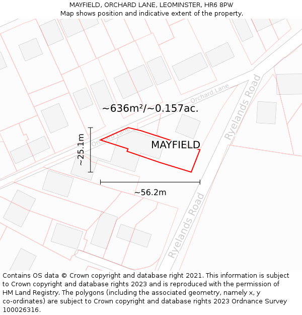 MAYFIELD, ORCHARD LANE, LEOMINSTER, HR6 8PW: Plot and title map