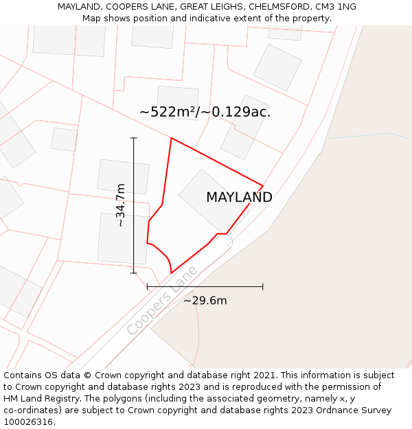 MAYLAND, COOPERS LANE, GREAT LEIGHS, CHELMSFORD, CM3 1NG: Plot and title map