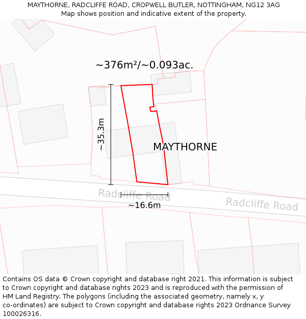 MAYTHORNE, RADCLIFFE ROAD, CROPWELL BUTLER, NOTTINGHAM, NG12 3AG: Plot and title map