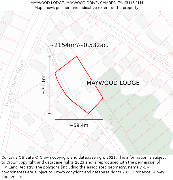 MAYWOOD LODGE, MAYWOOD DRIVE, CAMBERLEY, GU15 1LH: Plot and title map