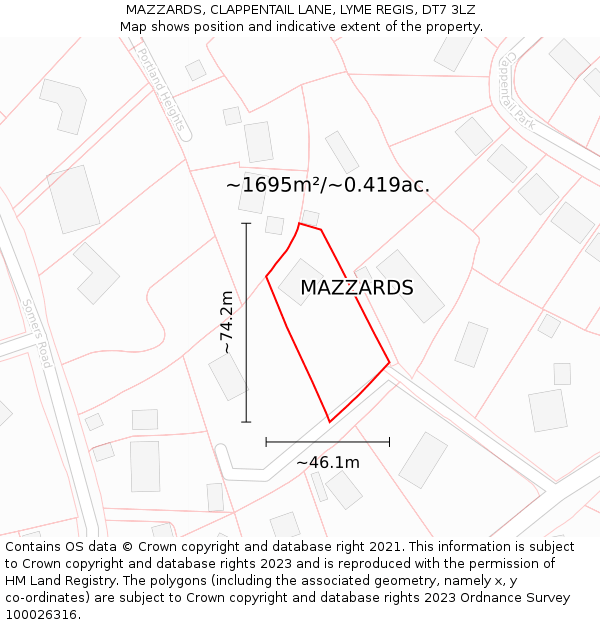 MAZZARDS, CLAPPENTAIL LANE, LYME REGIS, DT7 3LZ: Plot and title map
