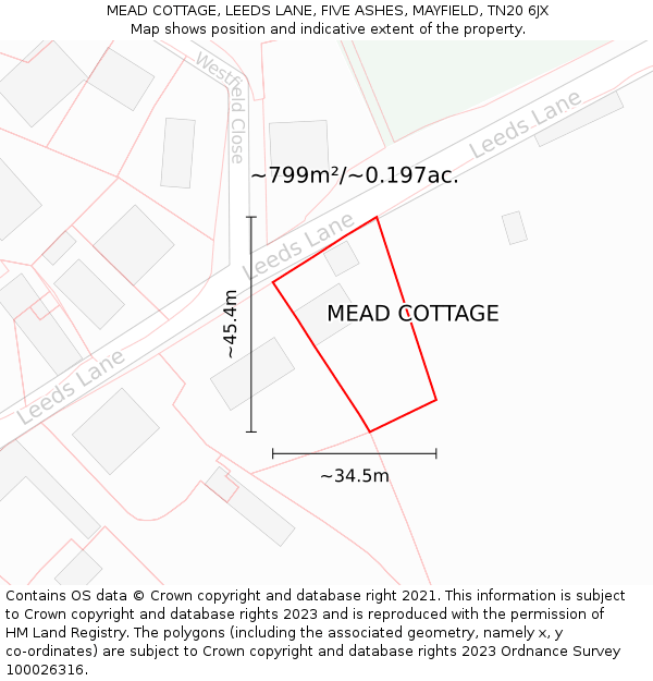 MEAD COTTAGE, LEEDS LANE, FIVE ASHES, MAYFIELD, TN20 6JX: Plot and title map