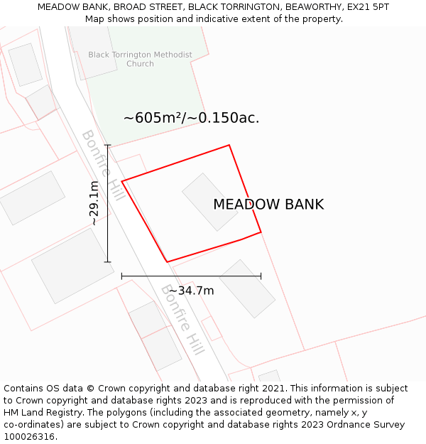 MEADOW BANK, BROAD STREET, BLACK TORRINGTON, BEAWORTHY, EX21 5PT: Plot and title map