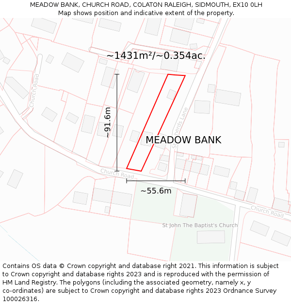 MEADOW BANK, CHURCH ROAD, COLATON RALEIGH, SIDMOUTH, EX10 0LH: Plot and title map