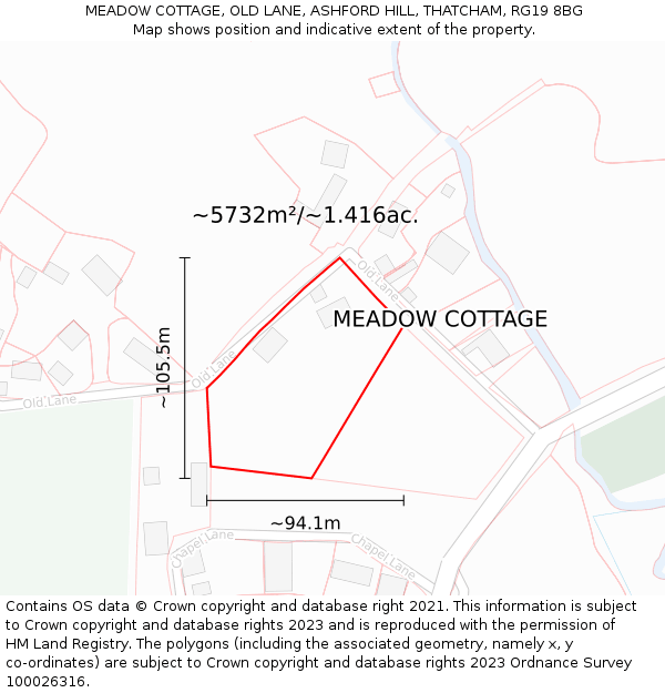 MEADOW COTTAGE, OLD LANE, ASHFORD HILL, THATCHAM, RG19 8BG: Plot and title map