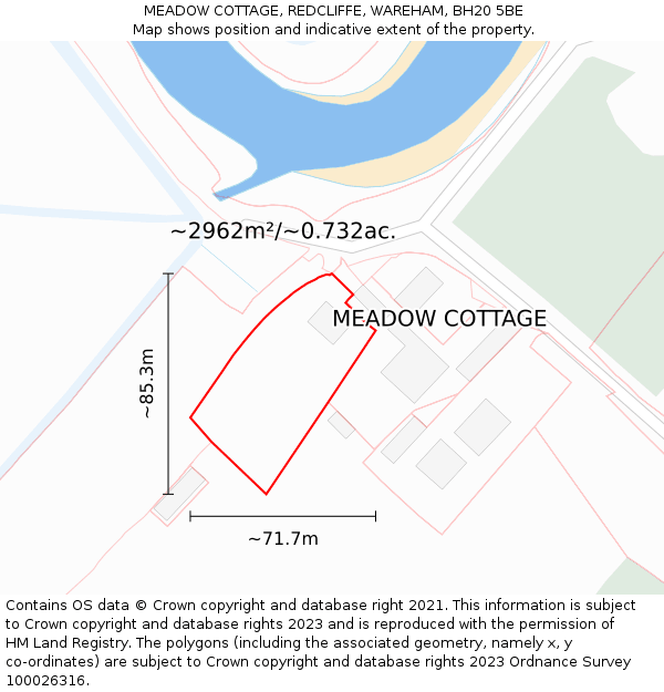 MEADOW COTTAGE, REDCLIFFE, WAREHAM, BH20 5BE: Plot and title map