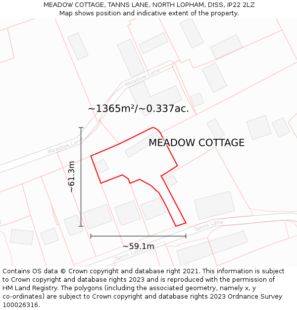 MEADOW COTTAGE, TANNS LANE, NORTH LOPHAM, DISS, IP22 2LZ: Plot and title map