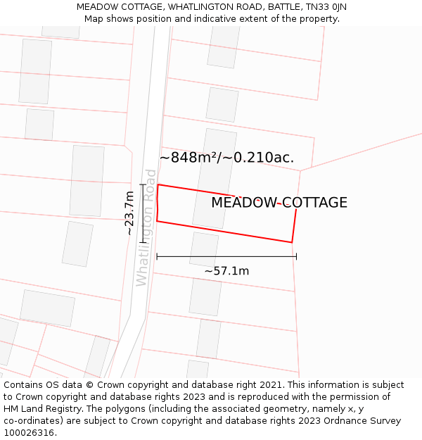 MEADOW COTTAGE, WHATLINGTON ROAD, BATTLE, TN33 0JN: Plot and title map