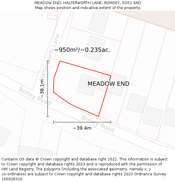 MEADOW END, HALTERWORTH LANE, ROMSEY, SO51 9AD: Plot and title map