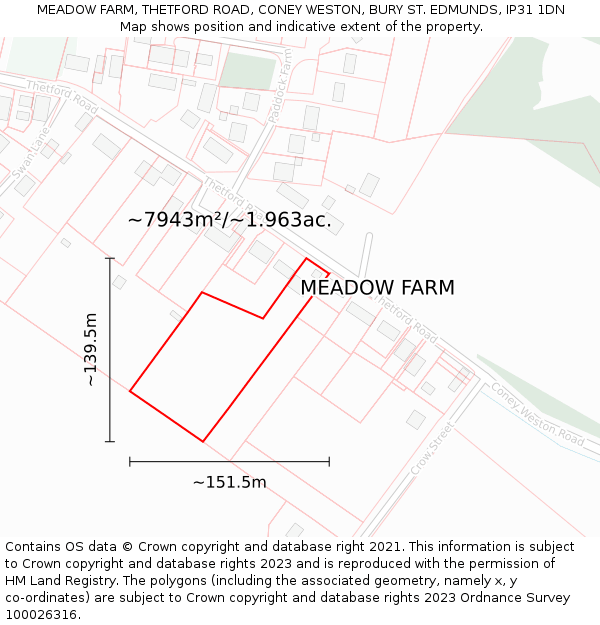 MEADOW FARM, THETFORD ROAD, CONEY WESTON, BURY ST. EDMUNDS, IP31 1DN: Plot and title map