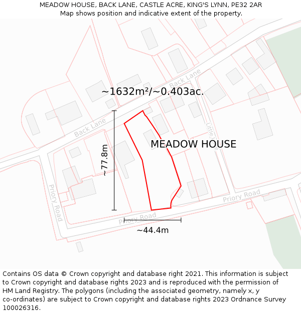 MEADOW HOUSE, BACK LANE, CASTLE ACRE, KING'S LYNN, PE32 2AR: Plot and title map