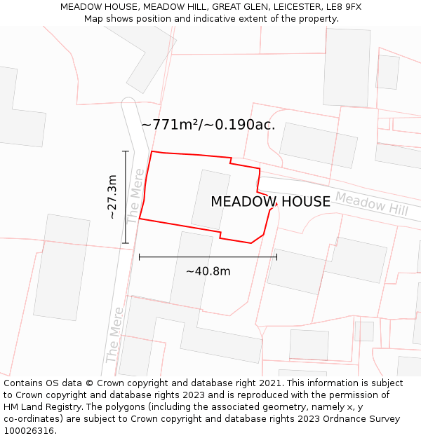 MEADOW HOUSE, MEADOW HILL, GREAT GLEN, LEICESTER, LE8 9FX: Plot and title map