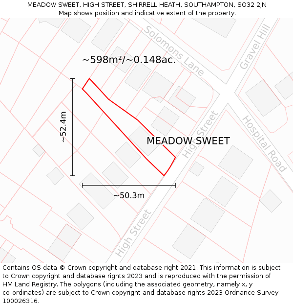 MEADOW SWEET, HIGH STREET, SHIRRELL HEATH, SOUTHAMPTON, SO32 2JN: Plot and title map