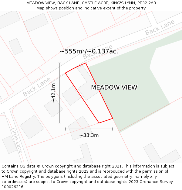 MEADOW VIEW, BACK LANE, CASTLE ACRE, KING'S LYNN, PE32 2AR: Plot and title map