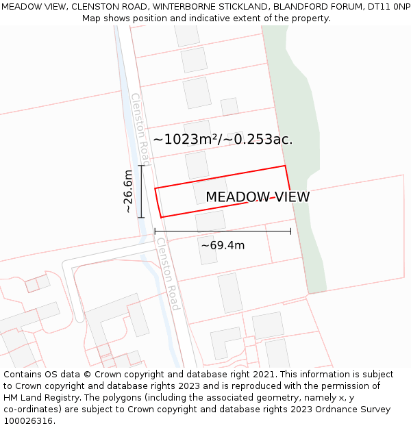 MEADOW VIEW, CLENSTON ROAD, WINTERBORNE STICKLAND, BLANDFORD FORUM, DT11 0NP: Plot and title map