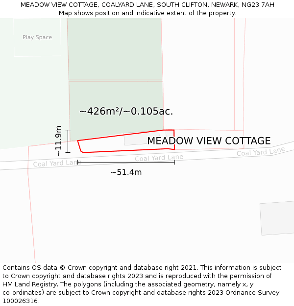 MEADOW VIEW COTTAGE, COALYARD LANE, SOUTH CLIFTON, NEWARK, NG23 7AH: Plot and title map