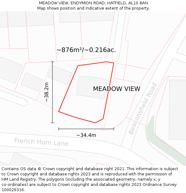 MEADOW VIEW, ENDYMION ROAD, HATFIELD, AL10 8AN: Plot and title map