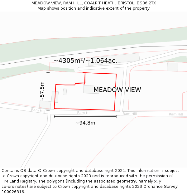 MEADOW VIEW, RAM HILL, COALPIT HEATH, BRISTOL, BS36 2TX: Plot and title map