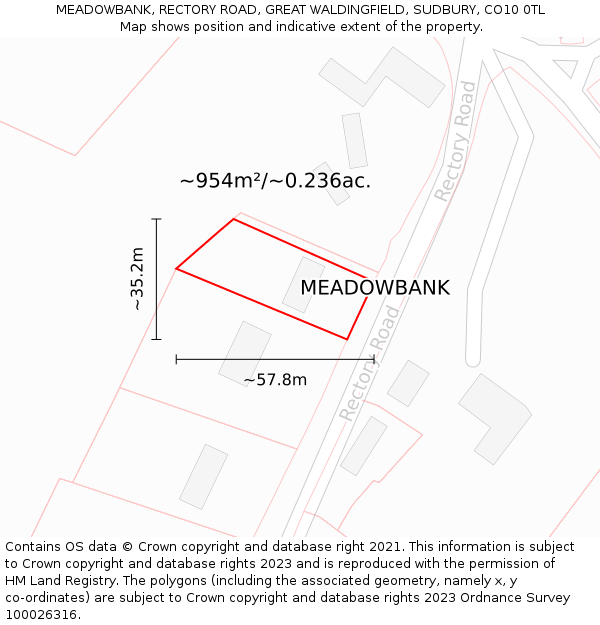 MEADOWBANK, RECTORY ROAD, GREAT WALDINGFIELD, SUDBURY, CO10 0TL: Plot and title map