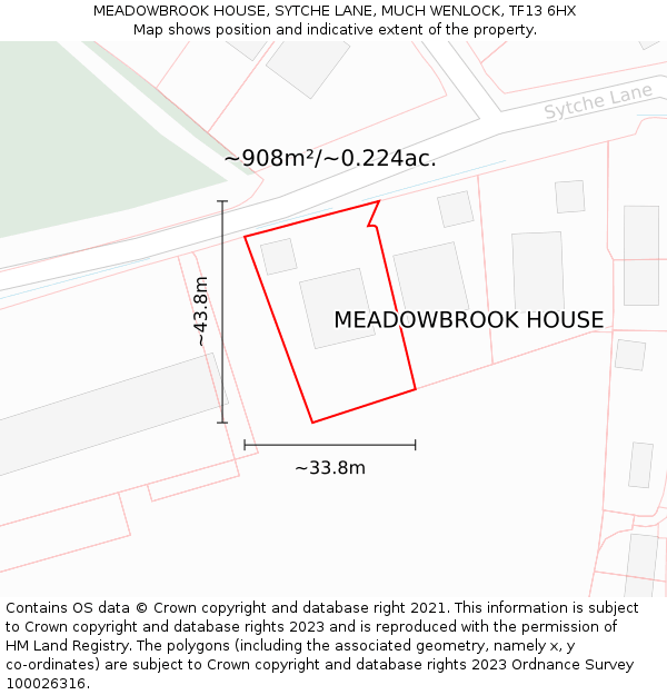 MEADOWBROOK HOUSE, SYTCHE LANE, MUCH WENLOCK, TF13 6HX: Plot and title map