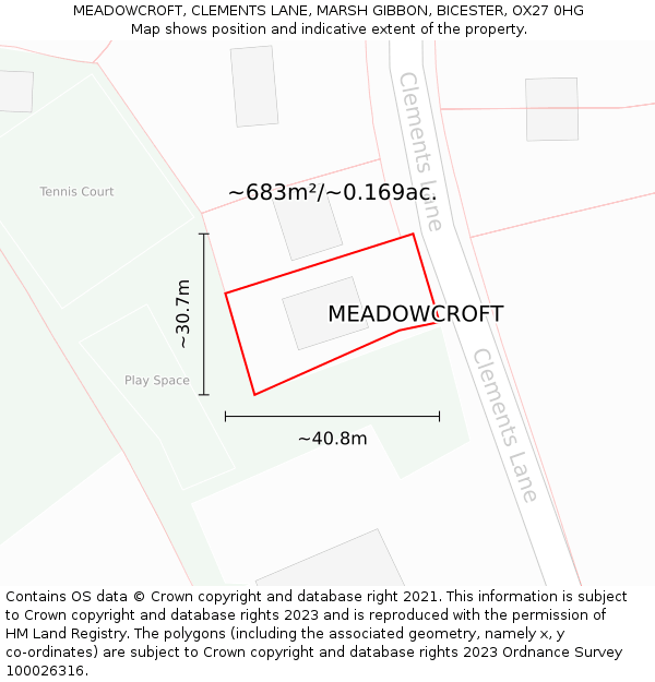 MEADOWCROFT, CLEMENTS LANE, MARSH GIBBON, BICESTER, OX27 0HG: Plot and title map