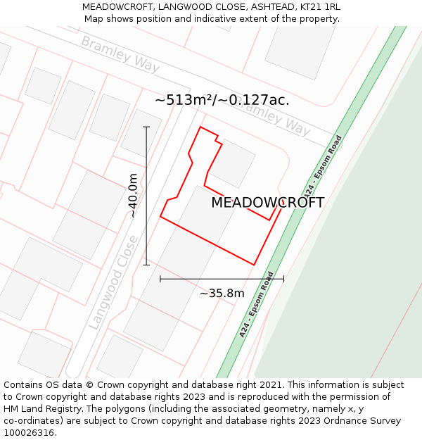 MEADOWCROFT, LANGWOOD CLOSE, ASHTEAD, KT21 1RL: Plot and title map