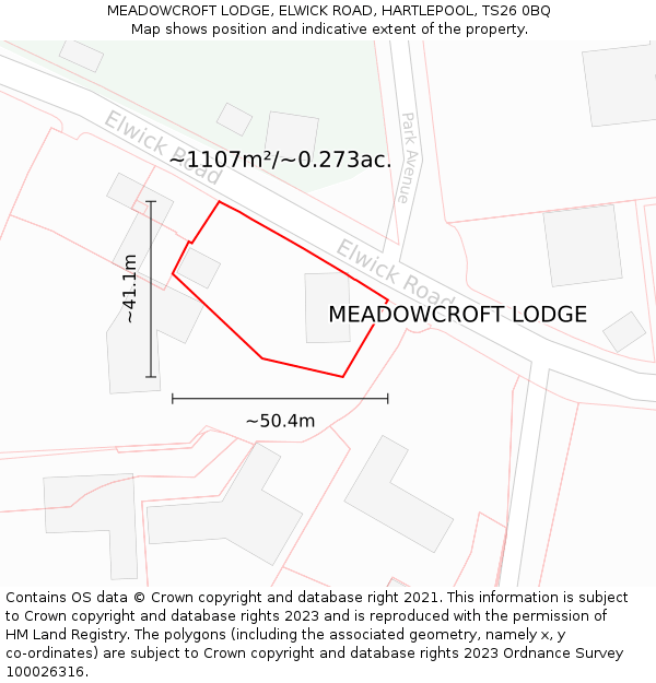 MEADOWCROFT LODGE, ELWICK ROAD, HARTLEPOOL, TS26 0BQ: Plot and title map