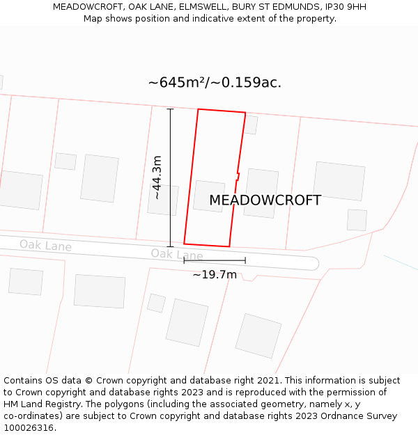 MEADOWCROFT, OAK LANE, ELMSWELL, BURY ST EDMUNDS, IP30 9HH: Plot and title map