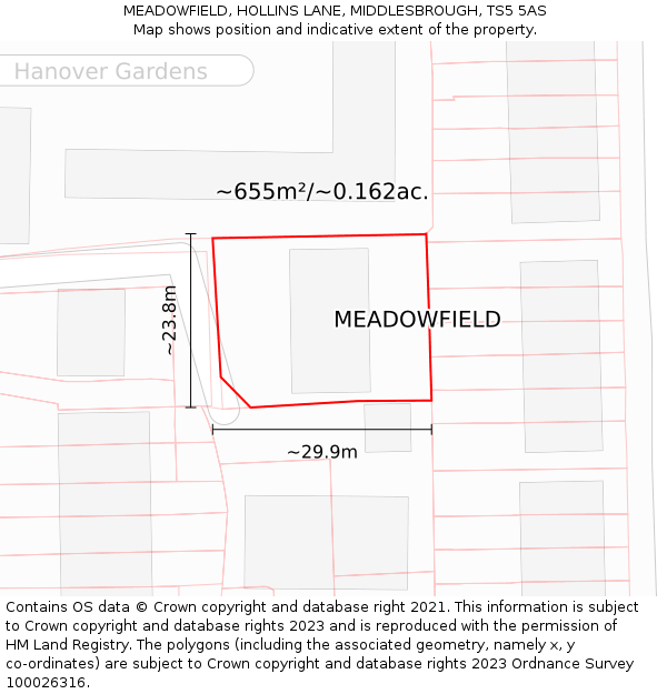 MEADOWFIELD, HOLLINS LANE, MIDDLESBROUGH, TS5 5AS: Plot and title map