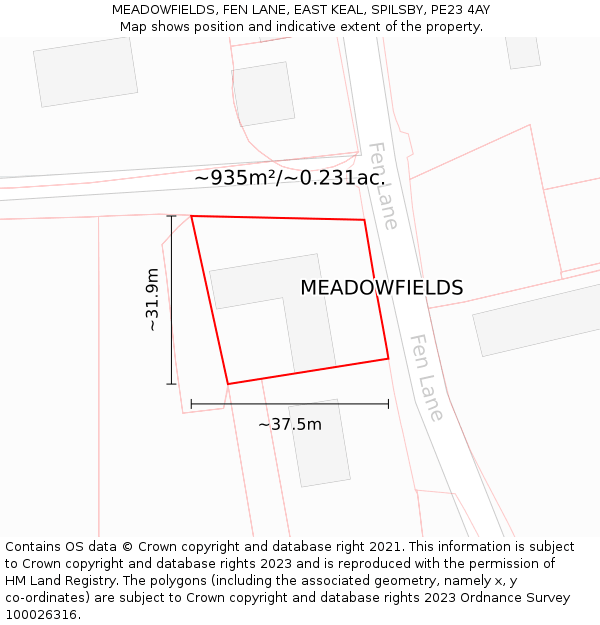 MEADOWFIELDS, FEN LANE, EAST KEAL, SPILSBY, PE23 4AY: Plot and title map