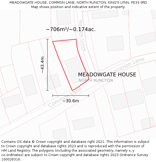 MEADOWGATE HOUSE, COMMON LANE, NORTH RUNCTON, KING'S LYNN, PE33 0RD: Plot and title map