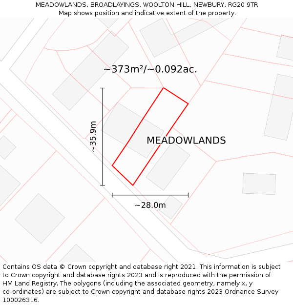 MEADOWLANDS, BROADLAYINGS, WOOLTON HILL, NEWBURY, RG20 9TR: Plot and title map