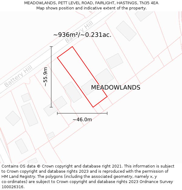 MEADOWLANDS, PETT LEVEL ROAD, FAIRLIGHT, HASTINGS, TN35 4EA: Plot and title map